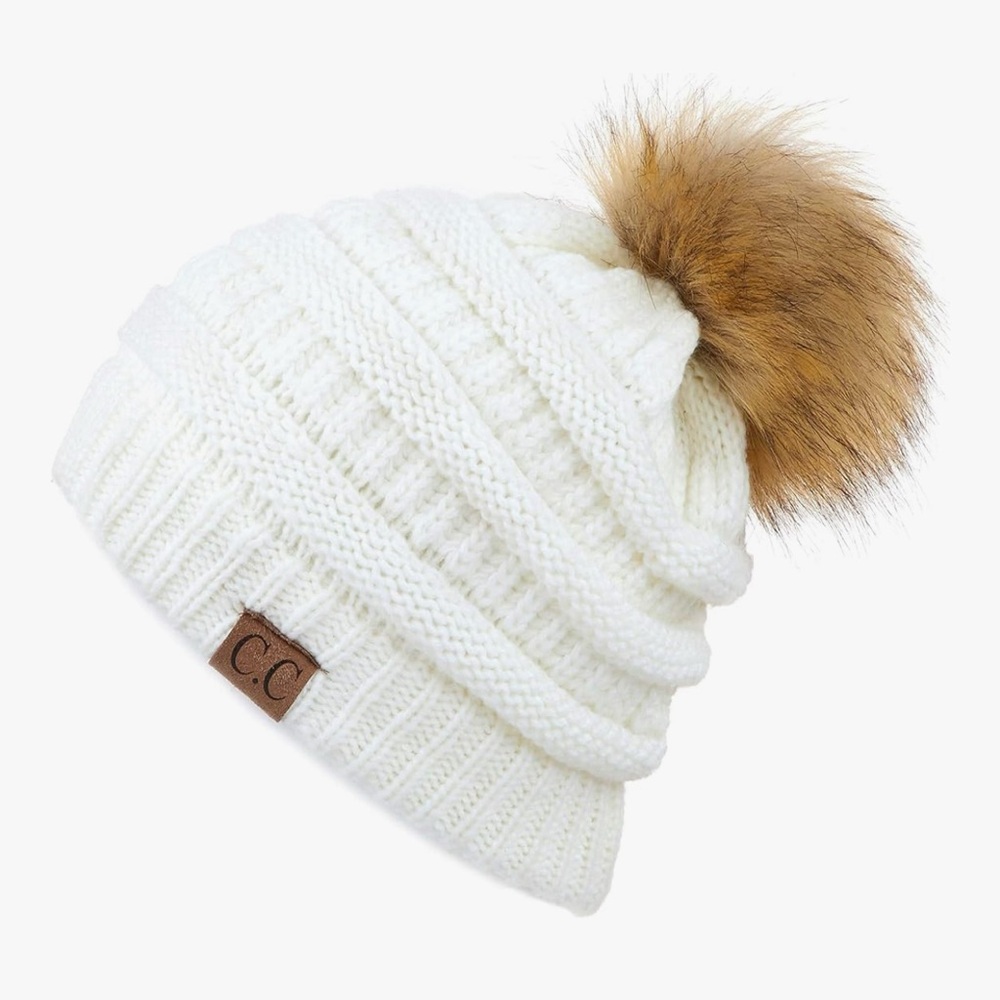 C.C Ivory Knit Beanie with Tan Pom